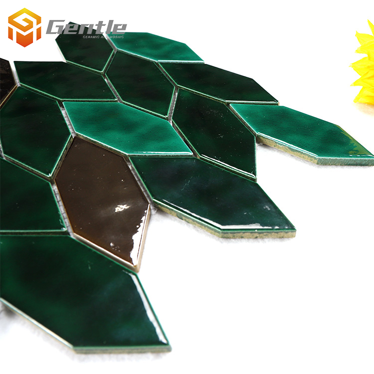 Custom Gold And Mixed Green Leaf Shape Ceramic Mosaic Tiles