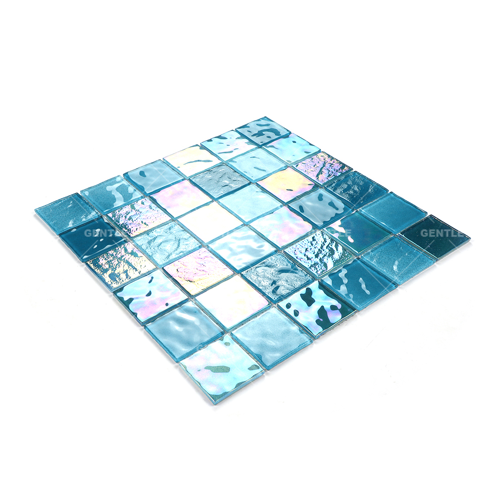 Customized Square Mixed Blue Crystal Glass Mosaic Tiles With Iridescent Surface
