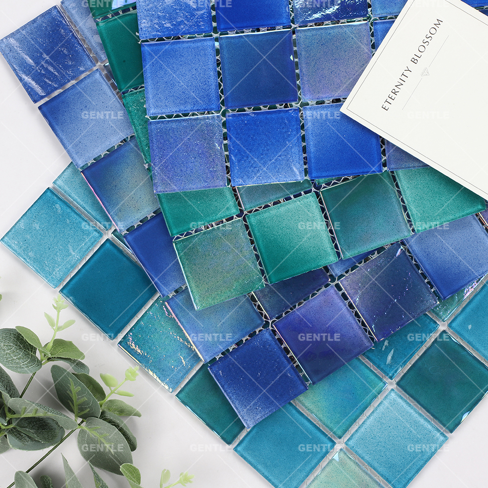 Customized Square Mixed Blue Crystal Glass Mosaic Tiles With Iridescent Surface