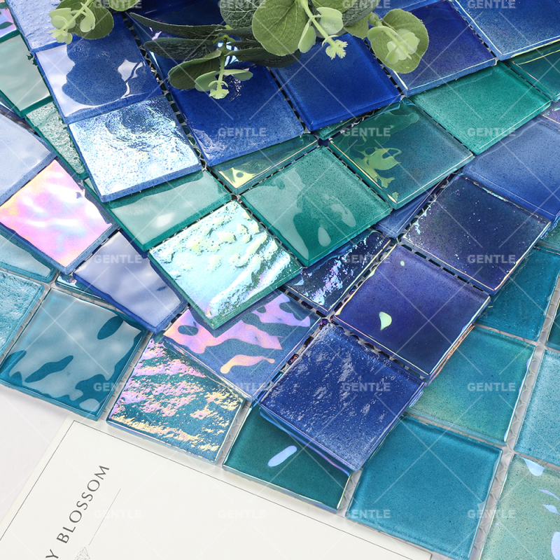 Customized Square Mixed Blue Crystal Glass Mosaic Tiles With Iridescent Surface