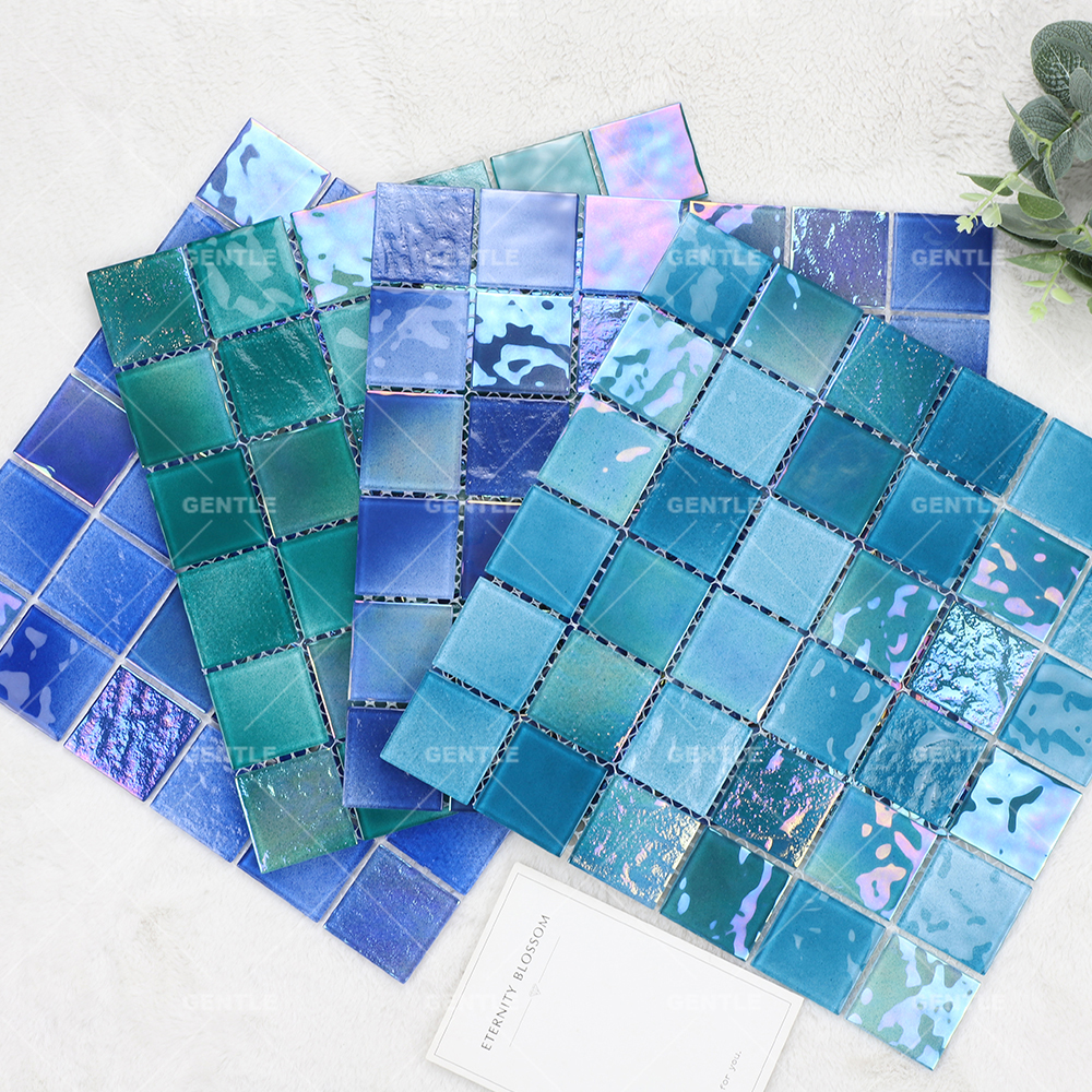 Customized Square Mixed Blue Crystal Glass Mosaic Tiles With Iridescent Surface