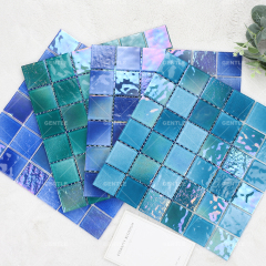 Customized Square Mixed Blue Crystal Glass Mosaic Tiles With Iridescent Surface