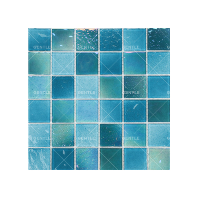 Customized Square Mixed Blue Crystal Glass Mosaic Tiles With Iridescent Surface