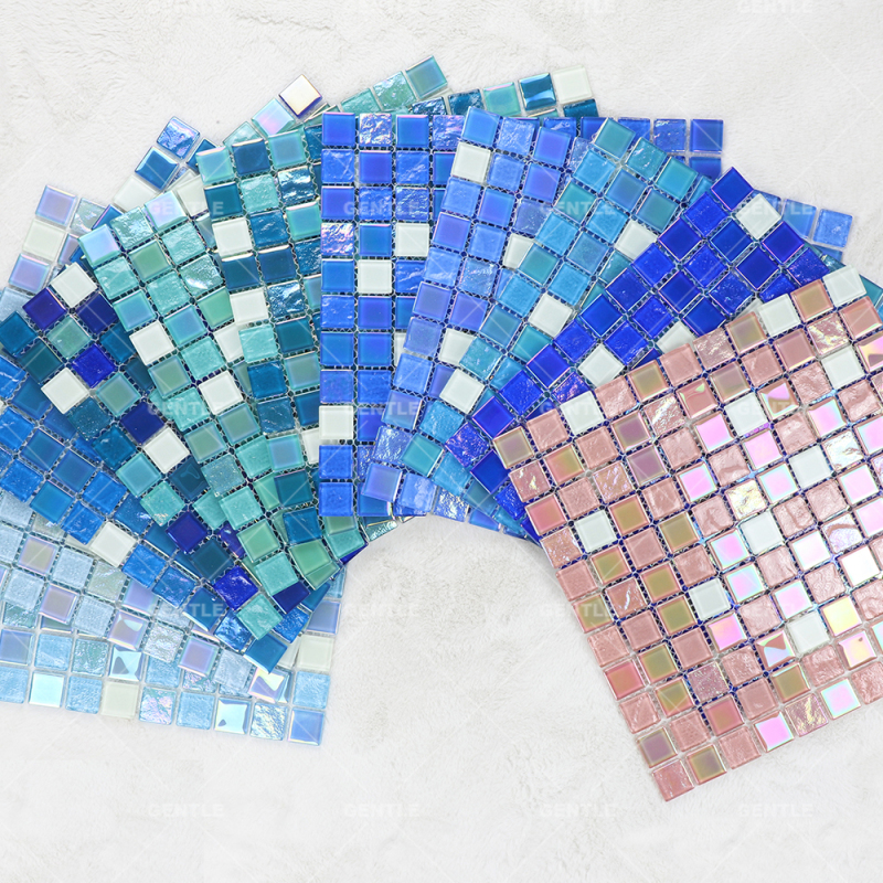 Customized Square Iridescence Surface Glass Mosaic Tiles With Luminous Effect