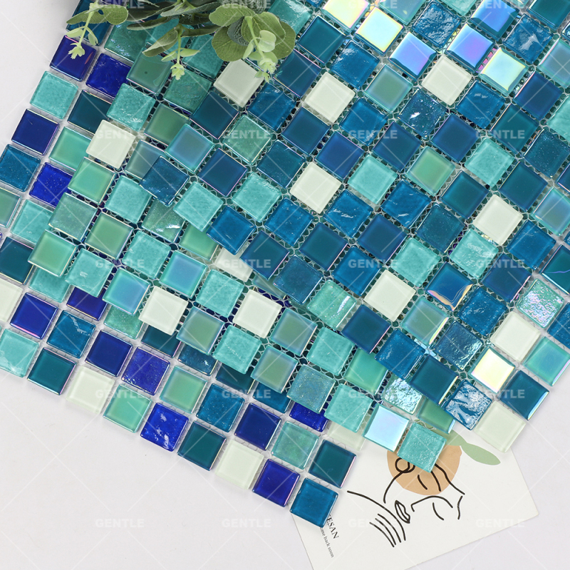 Customized Square Iridescence Surface Glass Mosaic Tiles With Luminous Effect