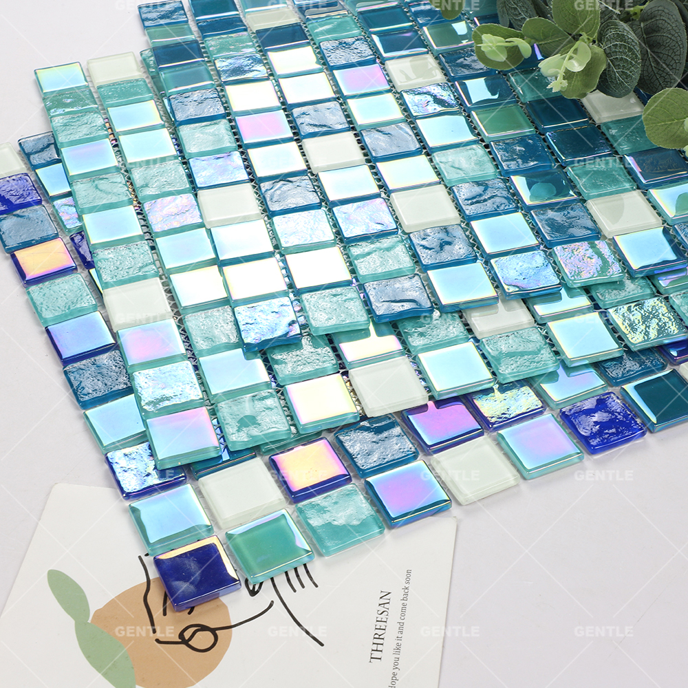 Customized Square Iridescence Surface Glass Mosaic Tiles With Luminous Effect