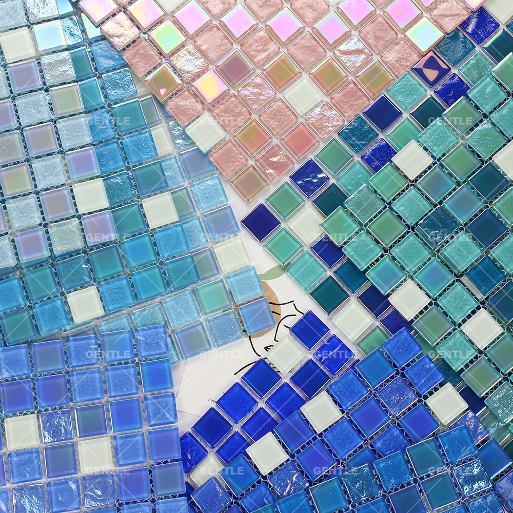 Customized Square Iridescence Surface Glass Mosaic Tiles With Luminous Effect