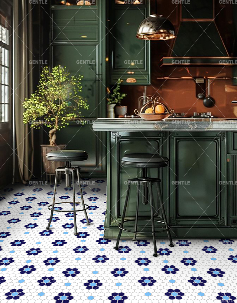 Customize Retro Style Blue & White Hexagonal Porcelain Mosaic Tiles