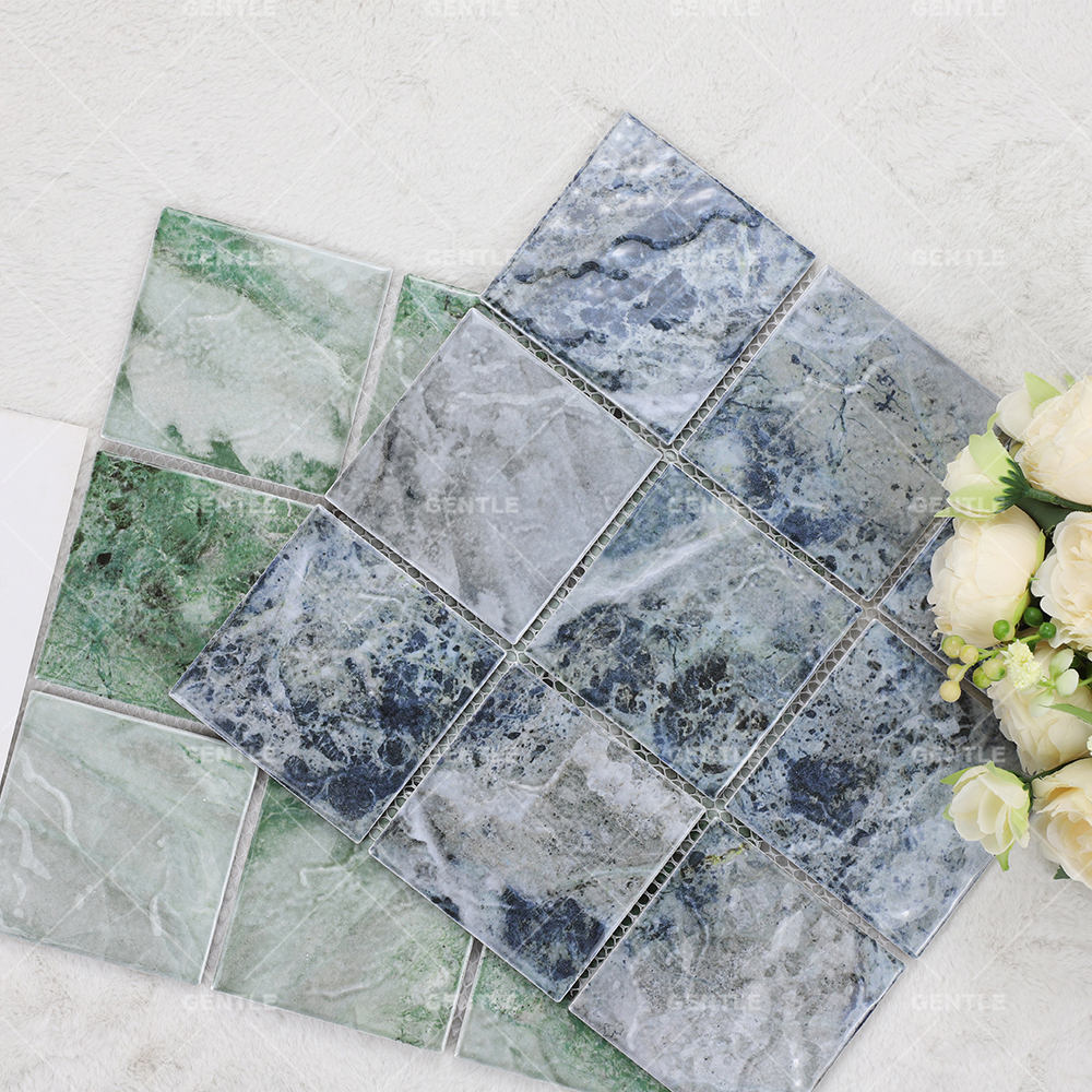 Wholesale Glossy Seaweed Green Porcelain Mosaic With Embossed Surface
