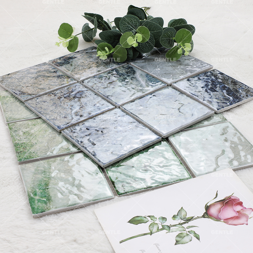 Wholesale Glossy Seaweed Green Porcelain Mosaic With Embossed Surface