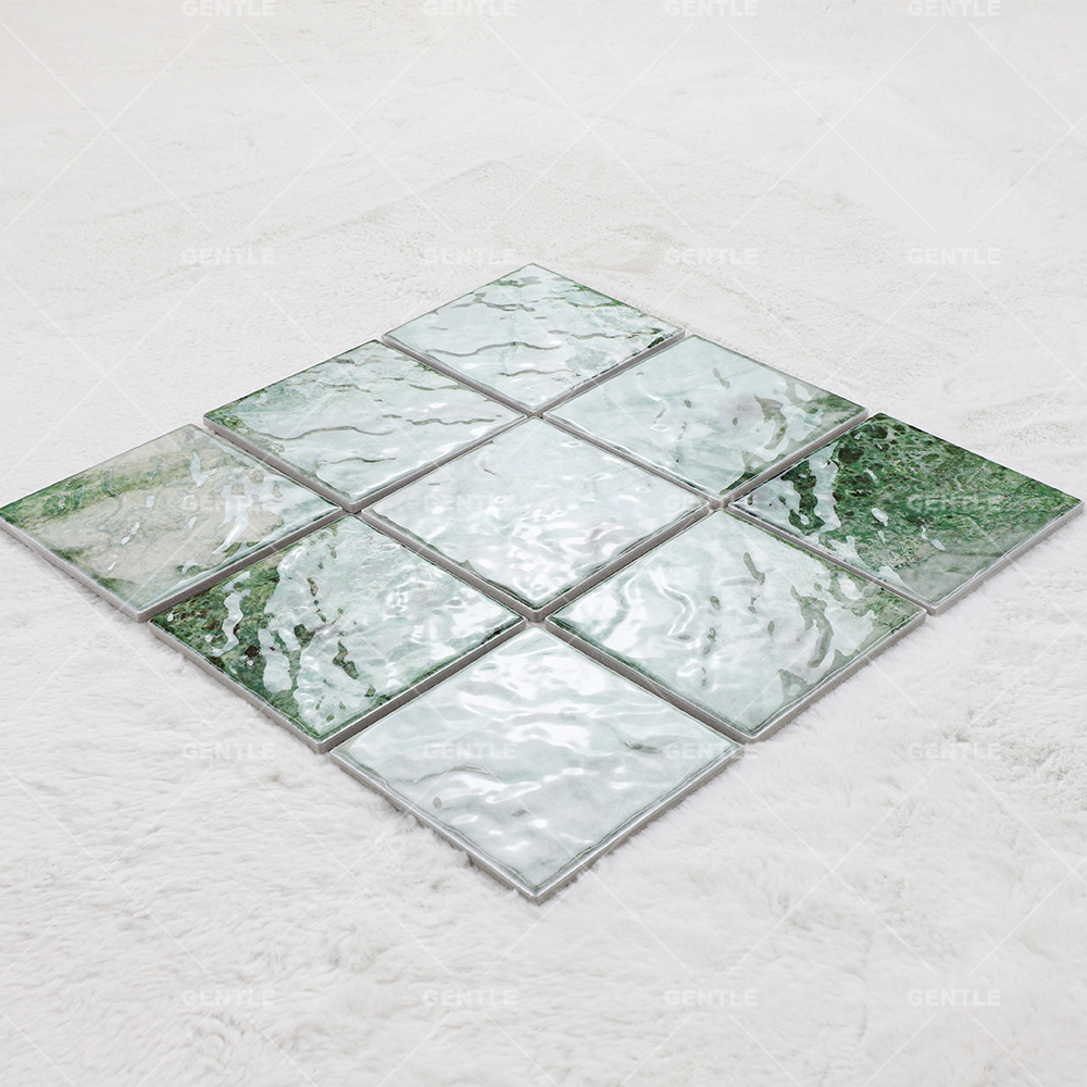 Wholesale Glossy Seaweed Green Porcelain Mosaic With Embossed Surface