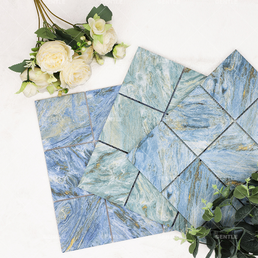 Wholesale Porcelain Mosaic With Teal Color Mixed Golden Effect