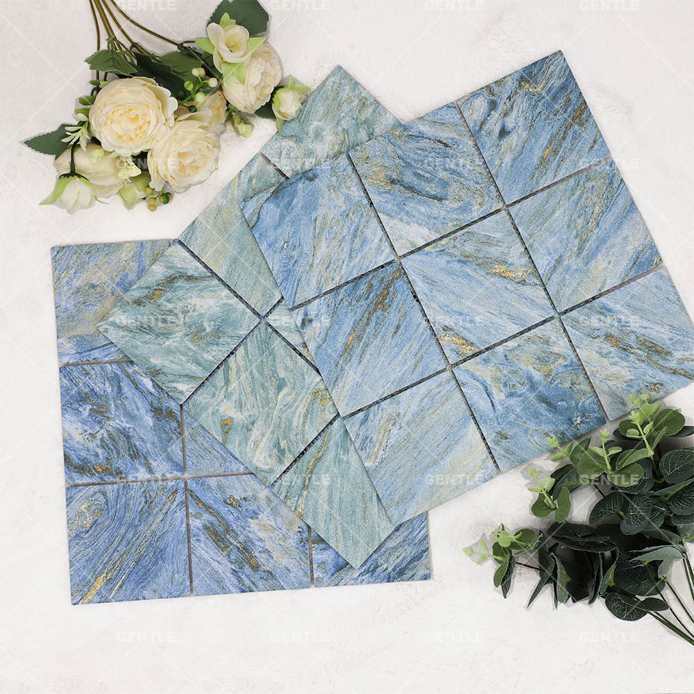 Wholesale Porcelain Mosaic With Teal Color Mixed Golden Effect