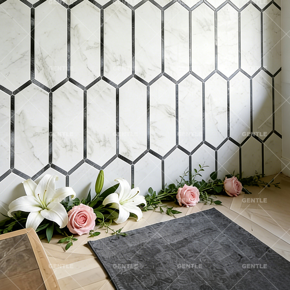 Wholesale Long Hexagonal Aluminum Composite Mosaic With Carrara White Marble Effect