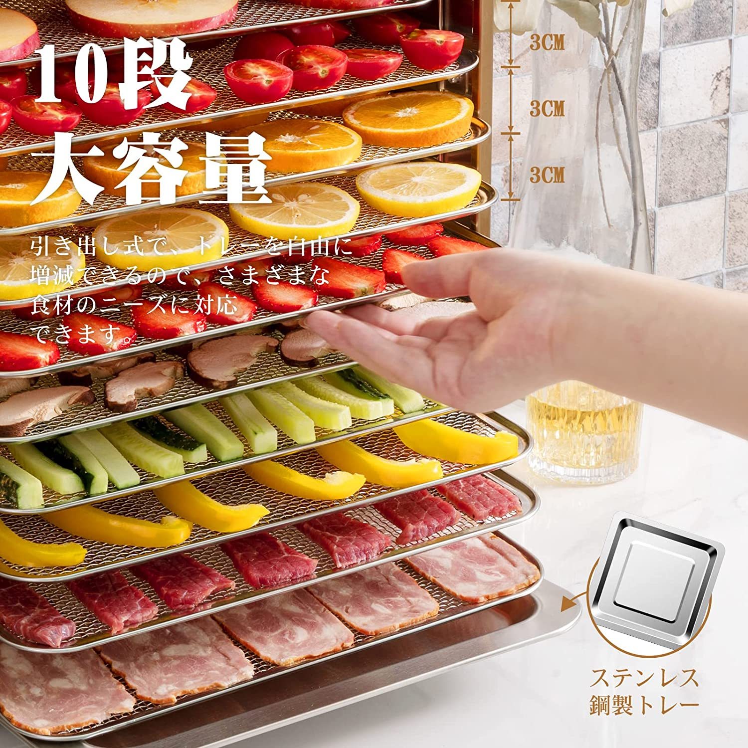 10段フードドライヤー、800ｗ食品乾燥機 カラフルなステンレス鋼制 20℃ー90℃調節可能 24時間タイマー付き 業務用 家庭用 日本語取説付き 日本語レシピ付き