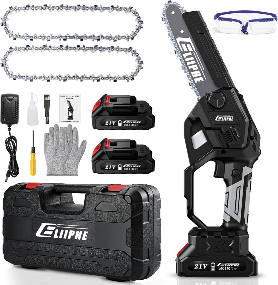 チェーンソー 充電式 21V 2.0Ah大容量バッテリー×2 6インチ ブラシレスチェンソー 自動給油 ハンディチェーンソー 電動チェーンソー 有効切断長160mm 高硬度チェーン 軽量 保護フェンダー 片手 軽量 木工 切断 剪定 ガーデニング 竹切り 日本語説明書付き (6インチ(バッテリー2個搭載))