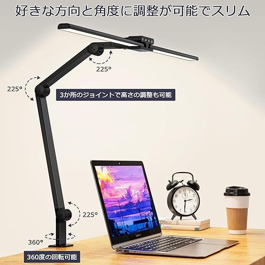 デスクライト リモコン付き LEDダブルライトバー 80CM幅広い電気スタンド KableRika可動域広いアームライト クランプ式卓上ライト360度回転可能 おしゃれ タッチパネル 色温度４段 階明るさ４段階 自動調光 30分タイマー RA95 テレワーク 勉強 細かい作業 ブラック