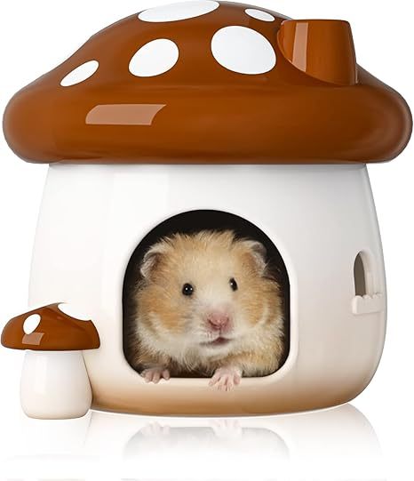 BUCATSTATE ハムスター 陶器ハウス キノコ型 セラミック 隠れ家 かわいいハウス 涼感 ひんやり クッション付き 耐久性 水洗い可 屋根が開閉でき 夏も冬も適用 大きめ Lサイズ 魔法の森シリーズ ブラウン