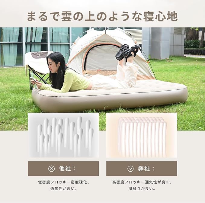 エアーベッド 防災グッズ 電動ポンプ内蔵 軽量 マット 快適な寝心地 ベロア調 省スペース 厚さ25cm 長さ190cm 耐荷重100㎏ キャンプ テント 室内 車中泊 来客用 ボリュームエアベッド シングル (