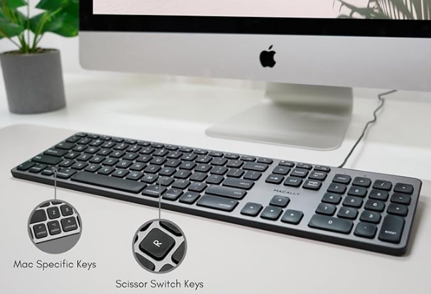 Macally バックライト付きMacキーボード 有線 - 静かでスマートで機能的 - 3つの明るさレベル 107キー - 5フィートのUSB有線Appleキーボード - Mac、iMac、MacBook Pro/Air用のバックライト付き有線キーボード - スペースグレー