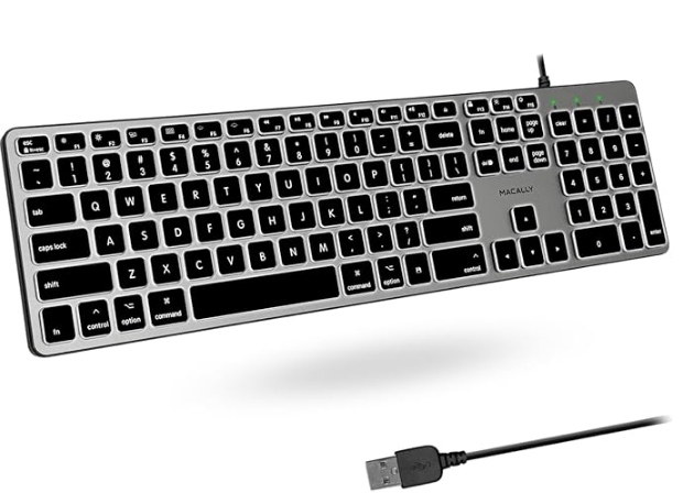 Macally バックライト付きMacキーボード 有線 - 静かでスマートで機能的 - 3つの明るさレベル 107キー - 5フィートのUSB有線Appleキーボード - Mac、iMac、MacBook Pro/Air用のバックライト付き有線キーボード - スペースグレー