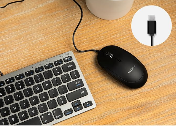Macally 有線USB-C マウス - スリム 静音 3ボタン スクロールホイール 4DPIモード Type Cマウス MacおよびPC用 、ノートパソコン/MacBook Pro/Air/iMac用 - 有線マウス USBC - ブラック（黒）800/1200/1600/2400（‎UCDYNAMOUSEB)