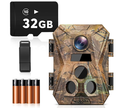 WOSODA 小型オフロードカメラ 防犯カメラ 赤外線カメラ 1920P フルHD 30MP IP66 防水防塵 32GBメモリカードとバッテリー付属 0.2秒の超高速トリガー 120°超広検知範囲 マイク内蔵 バッテリー式防犯カメラモーション検出には日本語のユーザーマニュアルが付属します