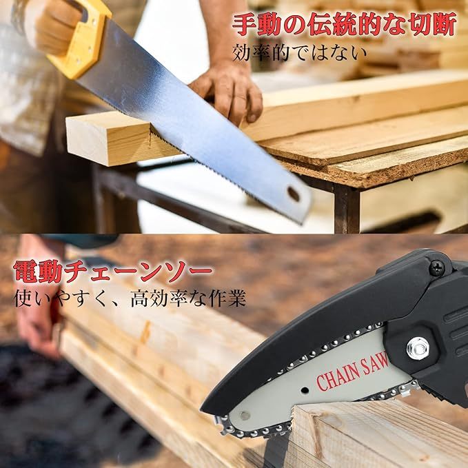 電動 21V チェンーソー 充電式 小型 4インチ 電動のこぎ 1500mAhリチウムイオンバッテリ一搭載 安全ロックボタン LEDライト 保護バッフル レンチ付き 庭木の剪定 木工切断 枝切り 園芸設備 対応マキタリチウムイオンバッテリー BL1830 BL1840 BL1850 BL1850B BL1860 BL1860B