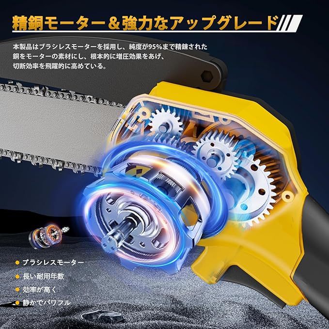 GPYP チェーンソー 充電式 コードレス 電動ノコギリ 6インチ チェーン2本 3000mAhバッテリー2個付き 軽量 強力 防風ゴーグル·手袋付属 木工/枝切り/庭木剪定/竹切り用 安全ロック 片手操作 日本語取扱説明書（yellow）