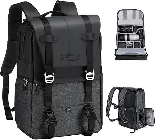 K＆F Concept カメラバッグ おしゃれ カメラリュック カメラバックパック 2気室 20L 大容量 レインカバー付き 撮影バッグ 防水 一眼レフ/DSLRカメラ/レンズ/16インチPC/三脚収納可 出張/旅行/撮影用バッグ