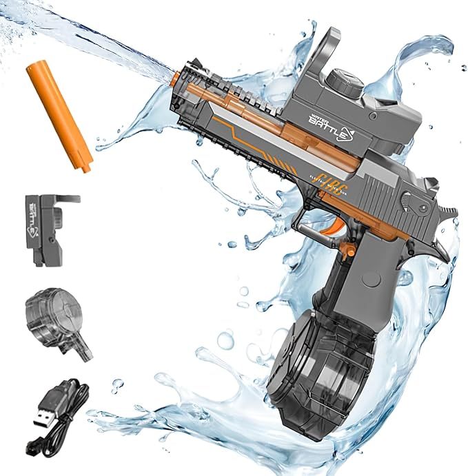 電動ウォーターガン 水鉄砲 電動 大容量 超強力飛距離 8-10m 高速連発 水鉄砲 水遊び 子供から大人まで 水遊びおもちゃ 水鉄砲合戦 海水浴/プール/川遊び 夏休み 夏の定番 (グレー)
