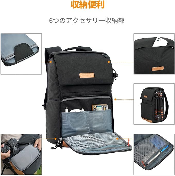 K&F Concept カメラバッグ カメラ用バックパック カメラリュック 22L 大容量 おしゃれ 2気室 カメラリュックサック サイドアクセス レインカバー付き カメラケース 一眼レフ/16インチPC/三脚収納可 旅行/出張/アウトドア撮影用バック