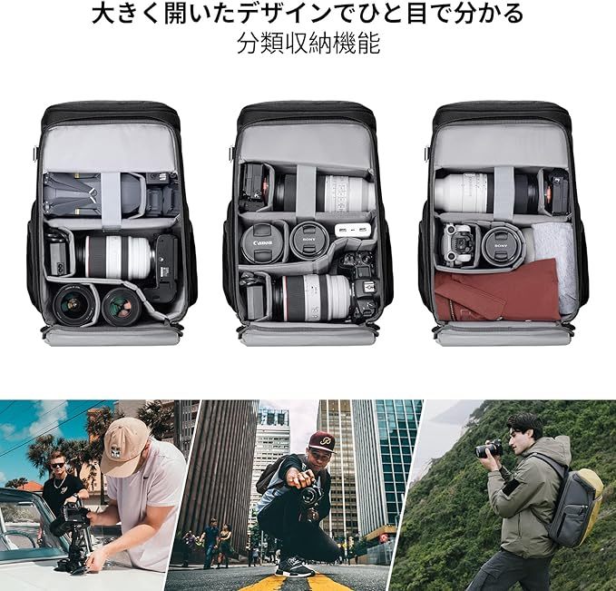 [K&F Concept] カメラバッグ カメラバックパック カメラリュック 25L 大容量 おしゃれ 2気室 多機能 男女兼用 一眼レフバック 容量拡張可 一眼レフ/16インチPC/三脚収納可 旅行/登り/出張/アウトドア撮影バックパック