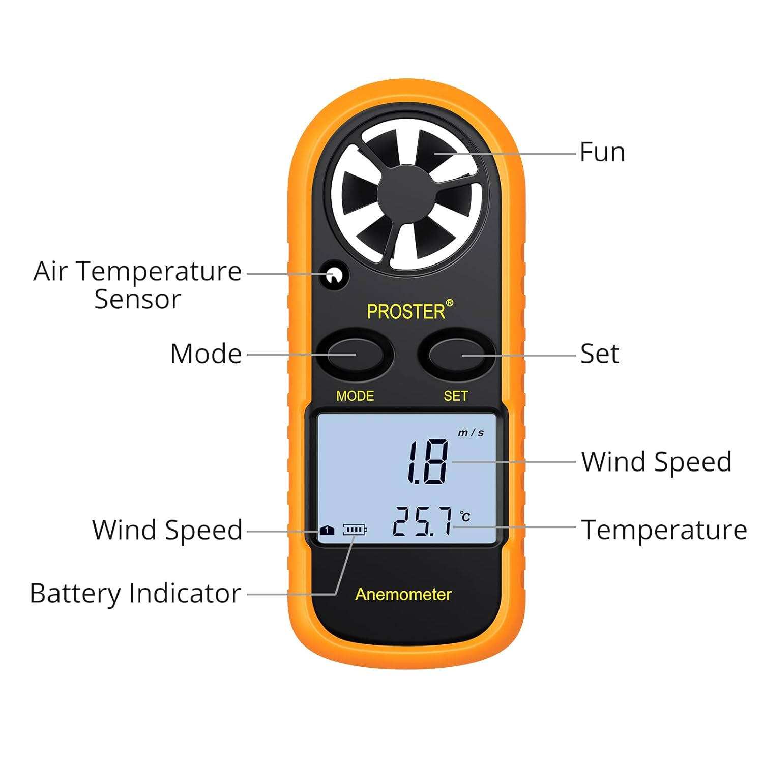 Proster デジタル 風速計 風温測定可能 小型 データホルド機能 風力表示 バックライト付き