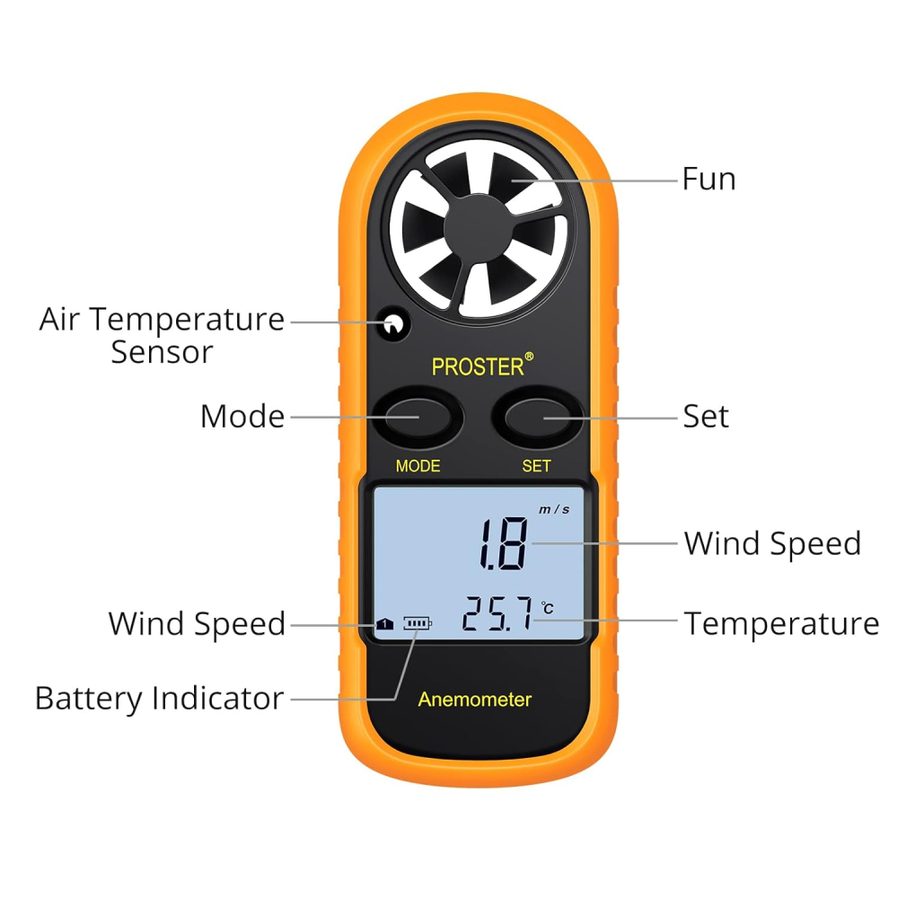 Proster デジタル 風速計 風温測定可能 小型 データホルド機能 風力表示 バックライト付き