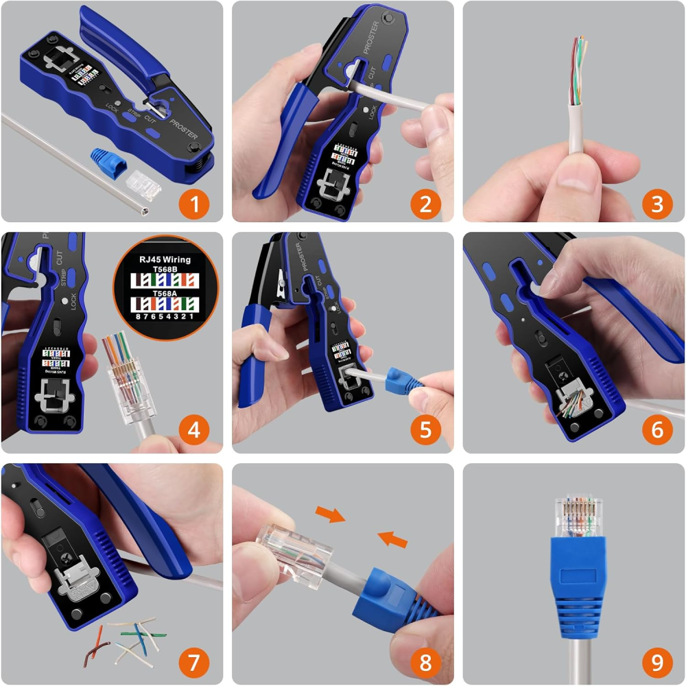 Proster RJ45 圧着工具 CAT6A CAT6 CAT5E対応 貫通型 カシメ工具 圧着ペンチ 圧着中切断RJ45コネクタ対応 50Pcs 貫通式RJ45コネクタ+保護カバー付属