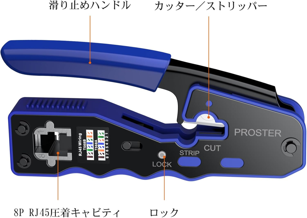 Proster RJ45 圧着工具 CAT6A CAT6 CAT5E対応 貫通型 カシメ工具 圧着ペンチ 圧着中切断RJ45コネクタ対応 50Pcs 貫通式RJ45コネクタ+保護カバー付属