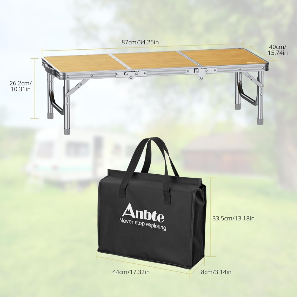 Anbte アウトドアテーブル 87×40×26cm 室内用 折りたたみローテーブルアル 三つ折り 耐荷重30kg 収納バッグ付き コンパクト収納 キャンプ ビーチ 軽量 ポータブル 旅行 料理 BBQ ピクニック用 (イエロー)