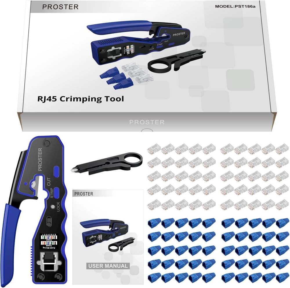 Proster RJ45 圧着工具 CAT6A CAT6 CAT5E対応 貫通型 カシメ工具 圧着ペンチ 圧着中切断RJ45コネクタ対応 50Pcs 貫通式RJ45コネクタ+保護カバー付属