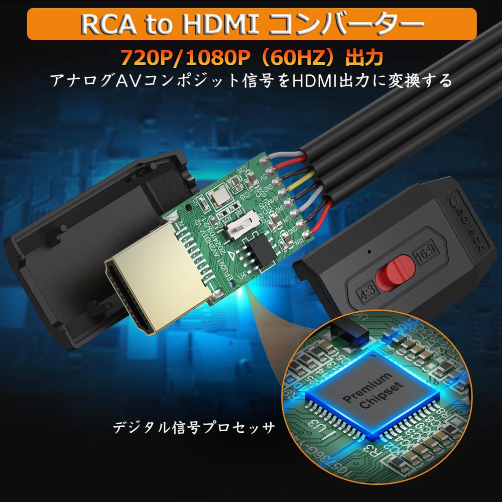Neoteck RCA to HDMI 変換コンバーター AV to HDMI 変換器 720P/1080P対応 16:9/4:3 切替でき 150cm RCAケーブル内蔵 3色端子 hdmi 変換アダプタ VCR/VHS/DVD用