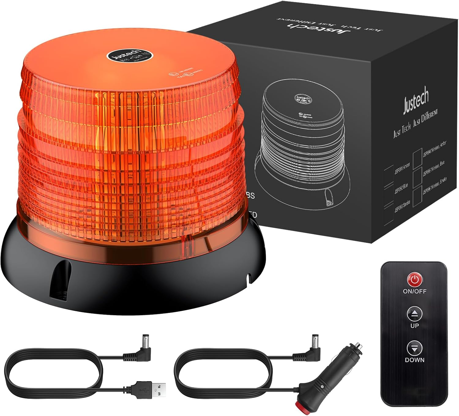 Justech LED回転式警告灯 DC12/24V充電 6点滅モード 72LEDs IP65防水防塵 ワイヤレステープリモコン 押しボタン式コントロールスイッチ切り替え 工業用信号ライト 360°全方向発光 磁石+ネジ固定 工場 建設現場 警告灯 E-Mark認証E57 作業車/消防車などに適用 2M+2Mパワーケーブル付き