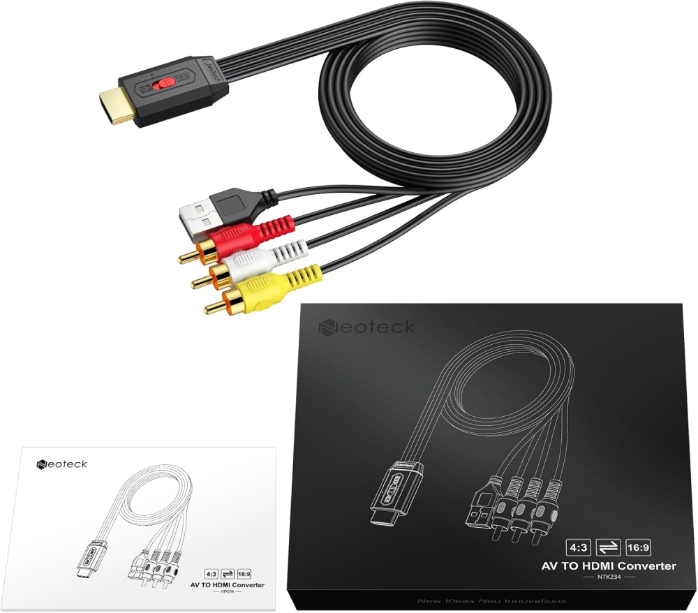 Neoteck RCA to HDMI 変換コンバーター AV to HDMI 変換器 720P/1080P対応 16:9/4:3 切替でき 150cm RCAケーブル内蔵 3色端子 hdmi 変換アダプタ VCR/VHS/DVD用