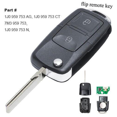 VW Remote Flip Key 2 Btn 433MHz ID48 Chip 1J0 959 753 AG/ CT/ N, 7M3 959 753