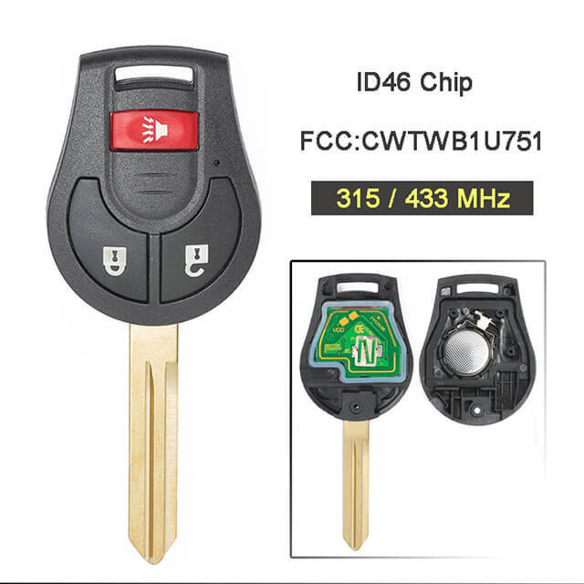 Nissa*n Rogue Remote Key 315/433MHz ID46 3 Buttons (Panic) Fob for Cube Juke NV200 Versa-CWTWB1U751