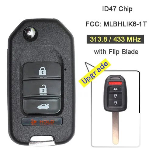 Upgraded Hond*a Flip Key Remote Fob 313.8/ 433MHz 4 Button with ID47 Chip for Fit Civic XRV HRV CRV -MLBHLIK6-1T