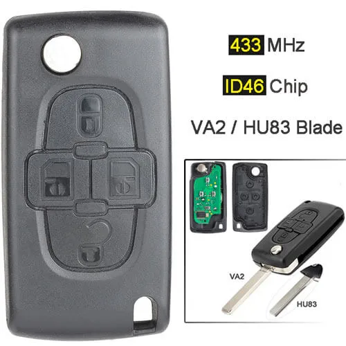 2005-2009 Peugeo*t 1007 Citroe*n C8 Flip Remote Key 433MHz 4 Buttons with HU83/ VA2 Blade