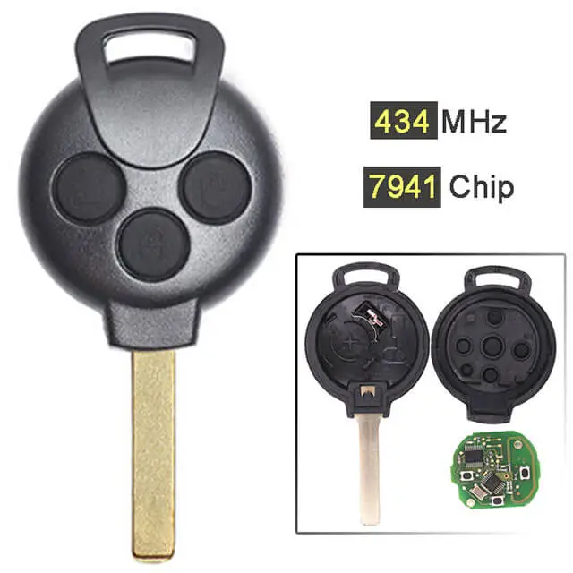 Clé Télécommande Smart Fortwo 451 - 3 Boutons, 433Mhz, Puce PCF7941 - Remplacement Original