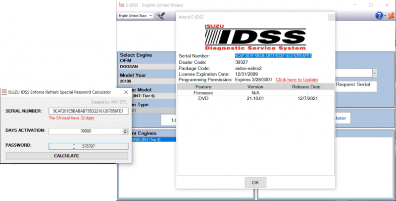 Software Installation ISUZU E-IDSS Enforce Reflash Special Password Calculator