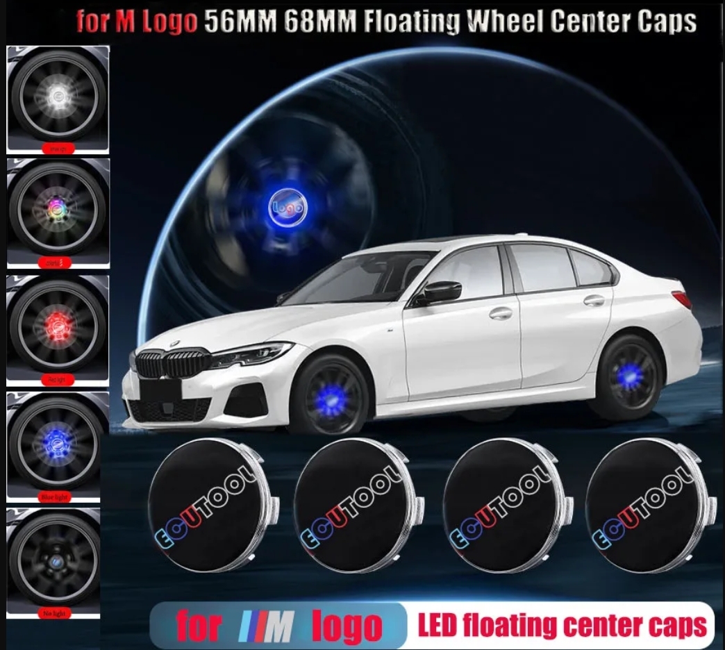 56MM 68MM BM-W / M Logo Floating Wheel Center Caps Hub Lamp Red White Blue RGB Colorful LED Car Wheel Emblem Hubcap Lights for Choose