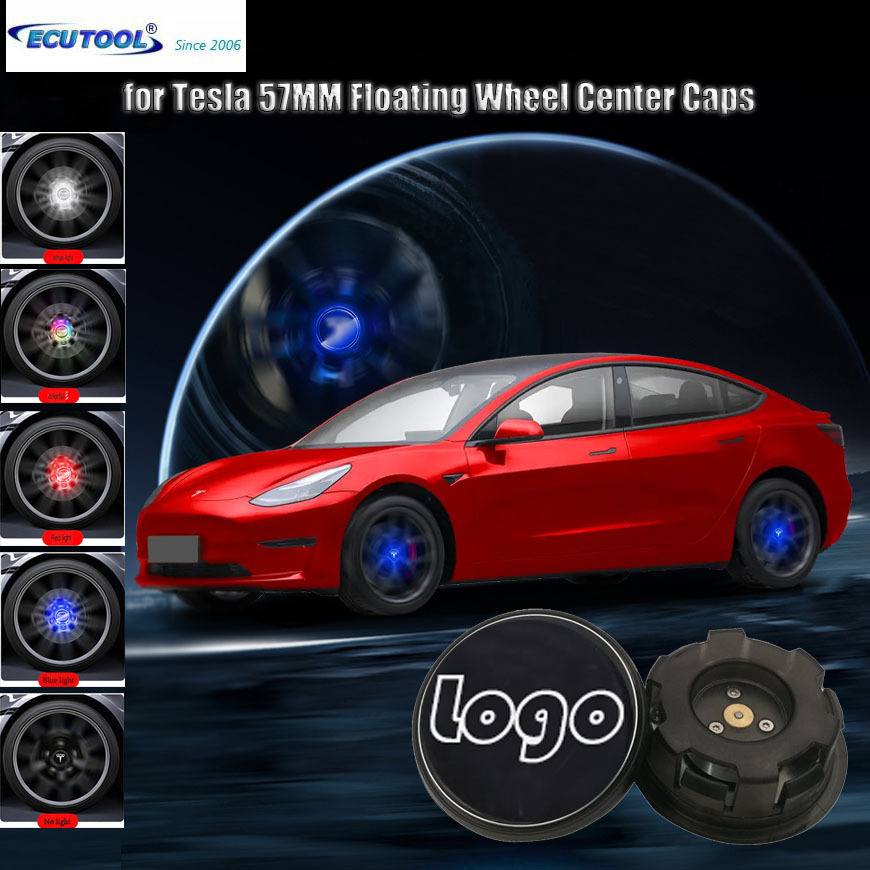 57MM Waterproof TESLA Logo Wheel Hub Lamp Floating Center Cap Blue Red White Colorful Lights Car Wheel Emblem Model-3 Model-S Model-X